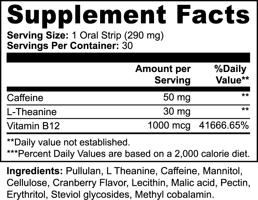 Constitutes - Cranberry Energy Strips. 30 Oral Strips. Supplement Label. On-The-Go Strips For A Calm & Stable Flow of Energy.