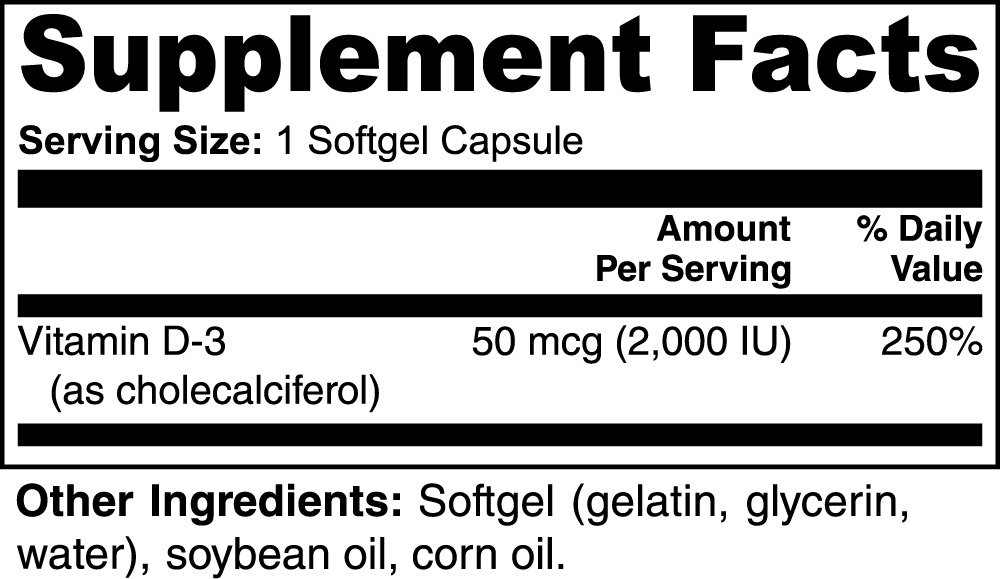 Constitutes - Vitamin D3 2,000 IU. 100 Softgels. Supplement Label. Enhance Crucial Growth & Development of Bones, Teeth, Muscles, Energy, & Cognition. 