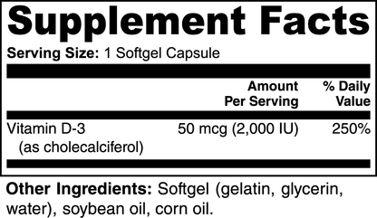 Constitutes - Vitamin D3 2,000 IU. 100 Softgels. Supplement Label. Enhance Crucial Growth & Development of Bones, Teeth, Muscles, Energy, & Cognition. 