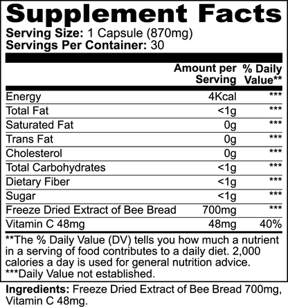 Constitutes - Ambrosia Concentrated Bee Bread. Supplement Label. Our Pollen, Nectar, & Enzyme Blend. Each Capsule is Designed to Bring You Vitamins, MicroElements, PolyPhenols,, UnSaturated Fatty Acids, and Antioxidants for Optimized Health, Immunity, & Energy.