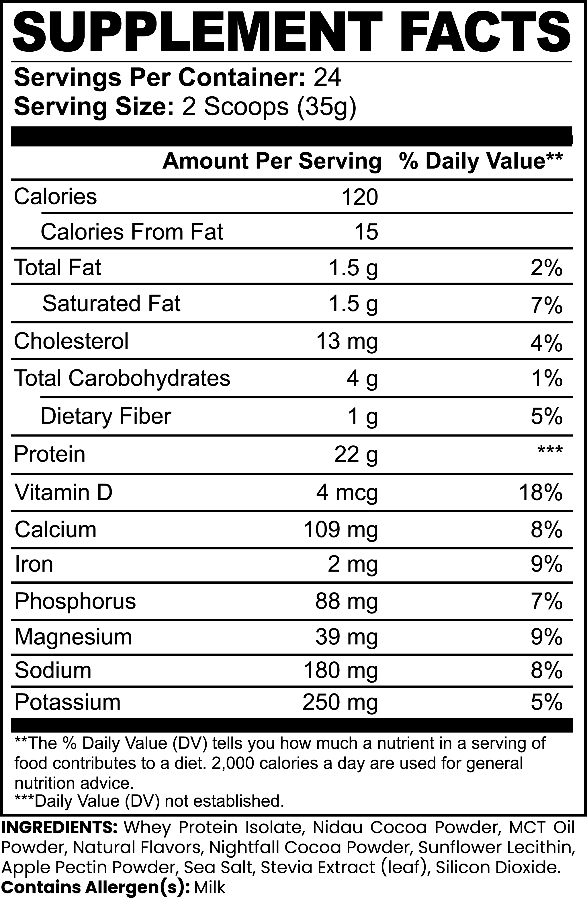 Constitutes - Whey Isolate Protein 2 lbs. Chocolate. Supplement Label. 24 Servings of Our Rich, Decadent Chocolate Whey Protein Isolate Delivers The Cleanest & Purest Form of Whey Protein For Muscle Growth & Recovery.